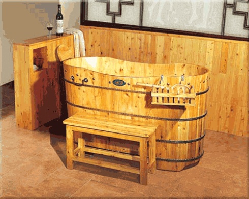 wooden bathtub with step