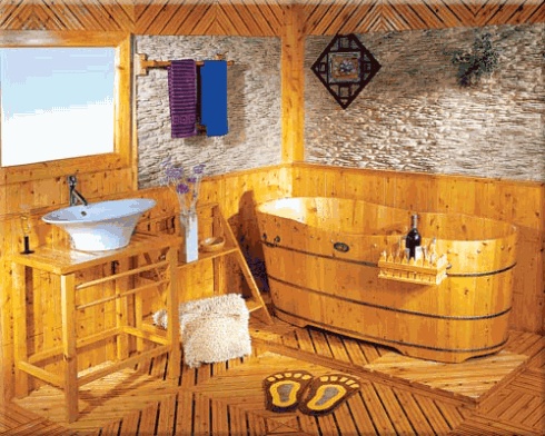 wooden bathtub, oval elongated